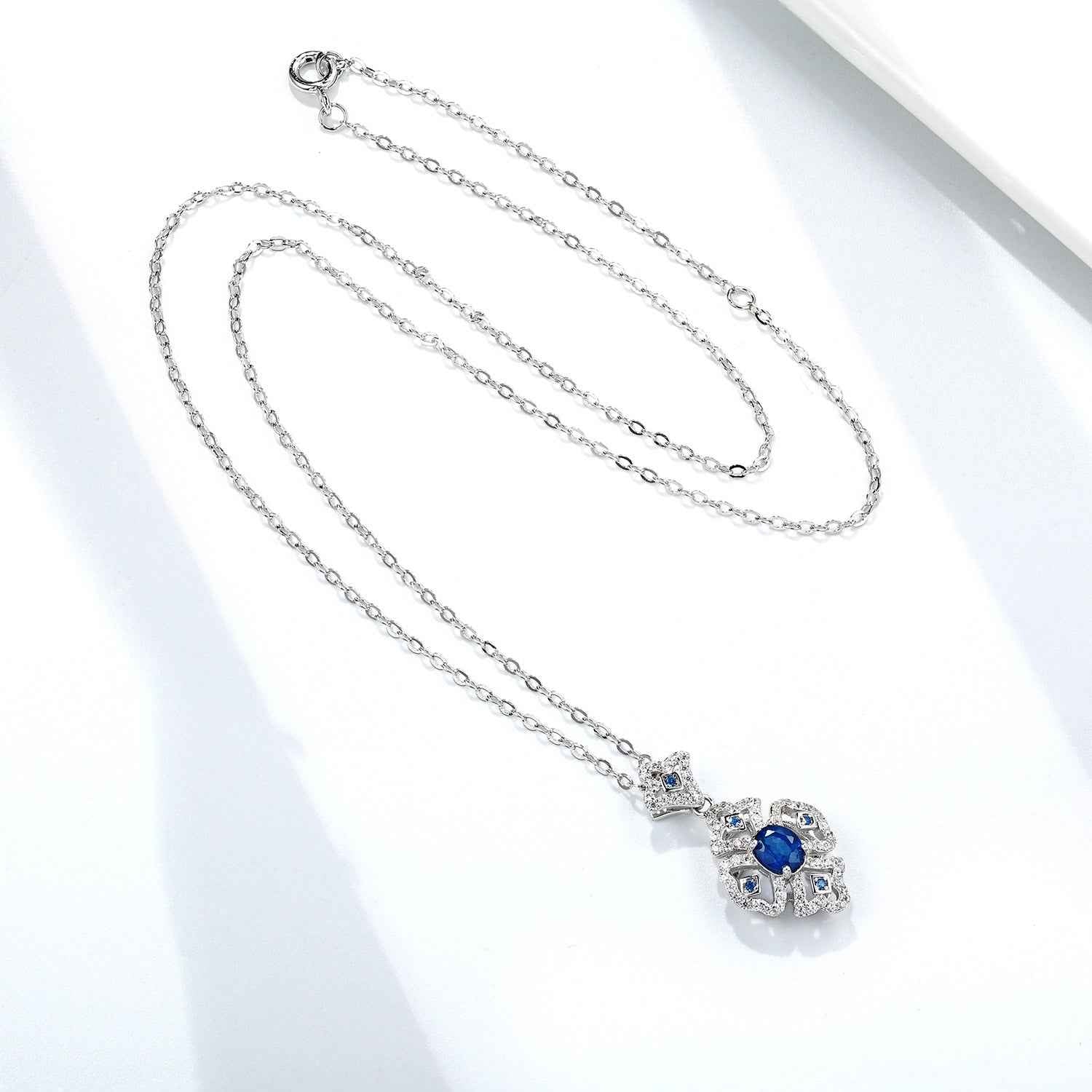 S925 Silver Retro Pattern Necklace Women's Versatile Natural Sapphire Pendant