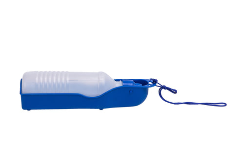 Blue pet water bottle with white squeeze body, flip cap, and hanging cord.