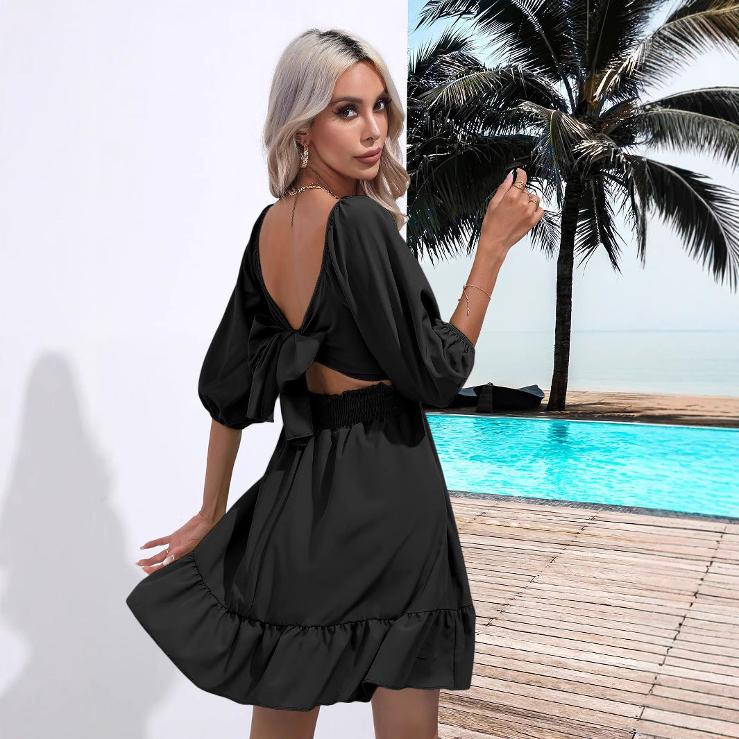 Women's Ruffle-trimmed Square-neck Lace-up Dress