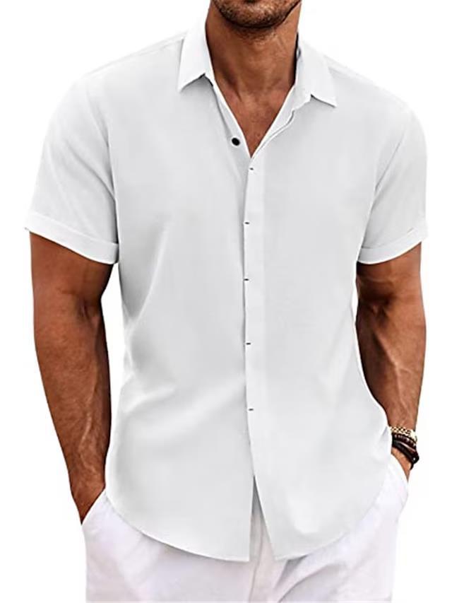 Men's white linen short-sleeve button-front shirt, collared