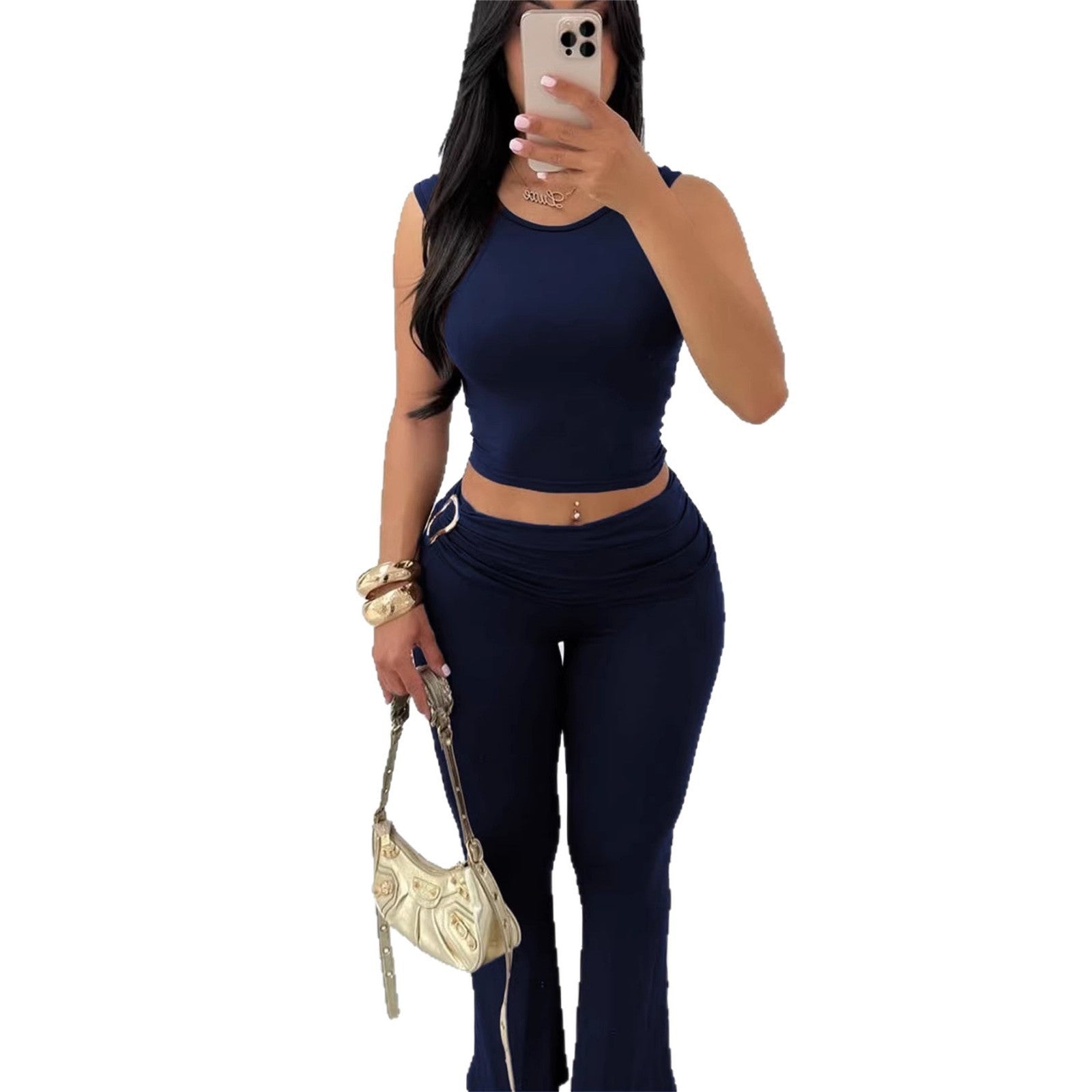 Womens Solid-Colored Sleeveless Top And Bodycon Hip-Hugging Pants Set