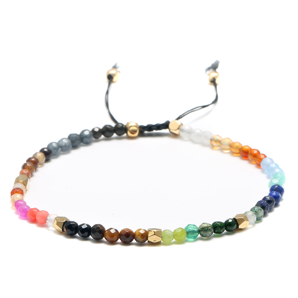 Seven chakras colored stones bracelet, multicolor beads with adjustable cord and gold spacers