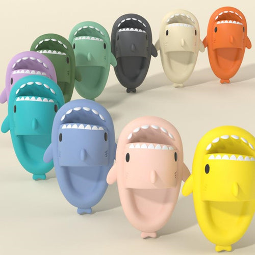 Cartoon shark slippers set, assorted colors with smiling teeth and fin details