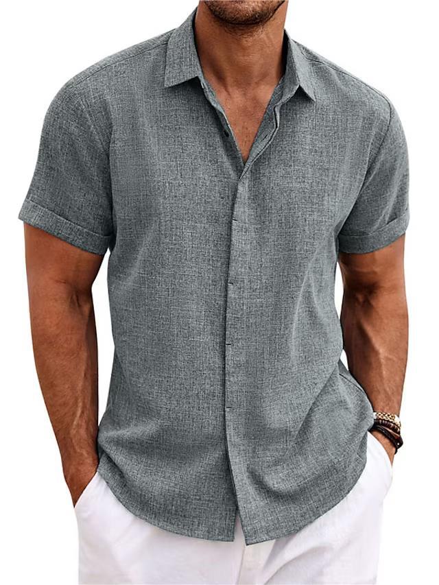 Men's linen short-sleeve shirt in charcoal gray, button-front with pointed collar