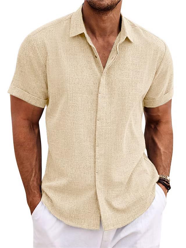 Men's beige linen short-sleeve button-front shirt, collared