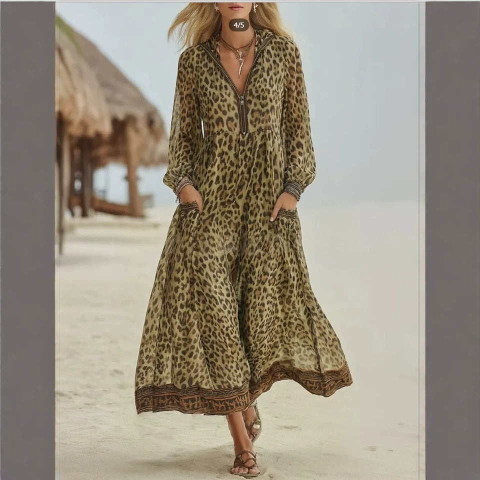 Retro Casual Leopard-Print Hooded Maxi Dress