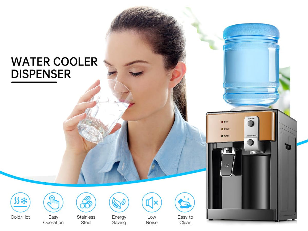 Housiwill Countertop Water Dispenser, Top Loading Water Cooler for 1.2 to 5 Gallon, 3 Temperature Settings Room Temperature Water Cold Hot Water Dispenser, Suitable for Home, Office, Dorm Bedside Use