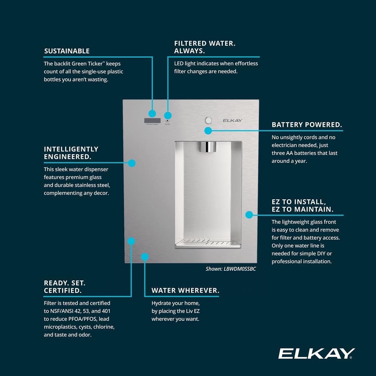 Elkay Liv EZ Built-in Filtered Wall-Mount Water Dispenser – Battery Powered, NSF Certified, Push Button, Reduces Lead & PFAS, Steel Gray – Ideal for Home