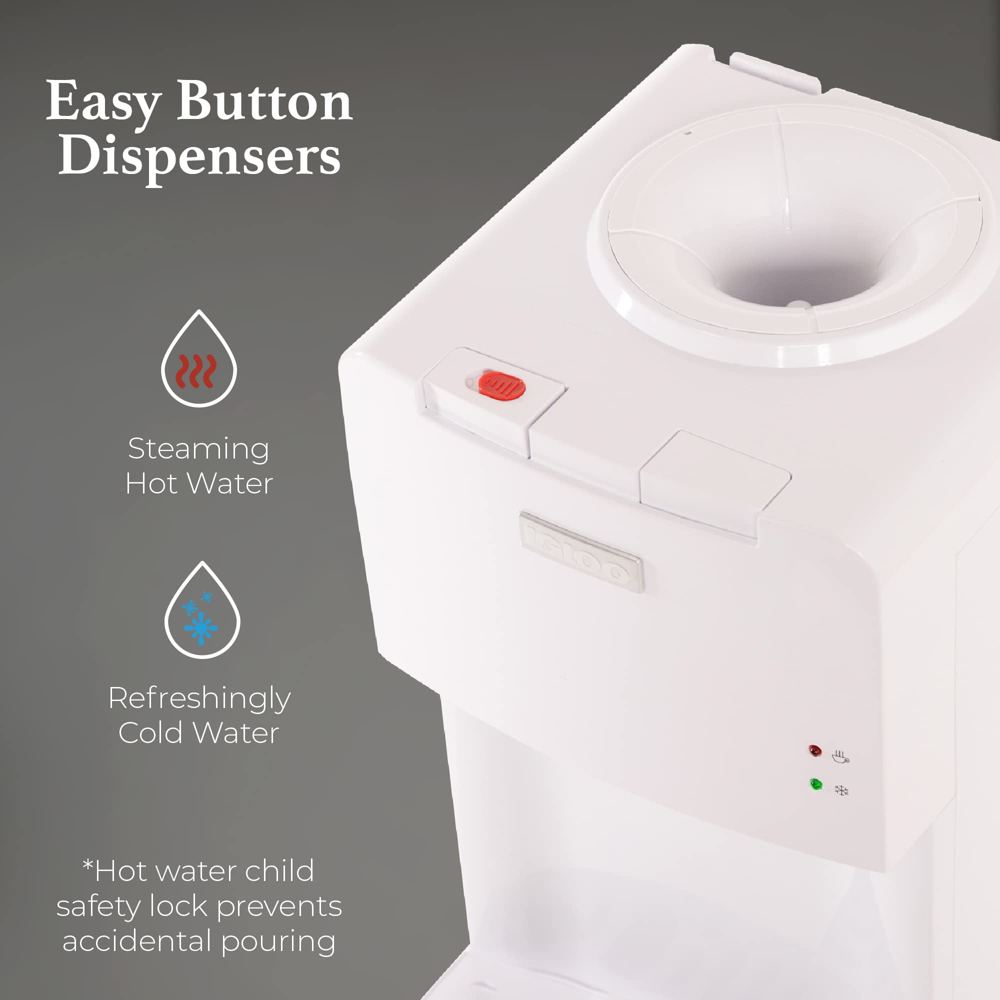Igloo Top Loading Water Cooler with Removable Drip Tray & Energy-Saving Features- Water Tower with Hot & Cold Temperature Settings- Water Dispenser Fits 3 & 5-Gallon Jugs with Child Safety Lock- White