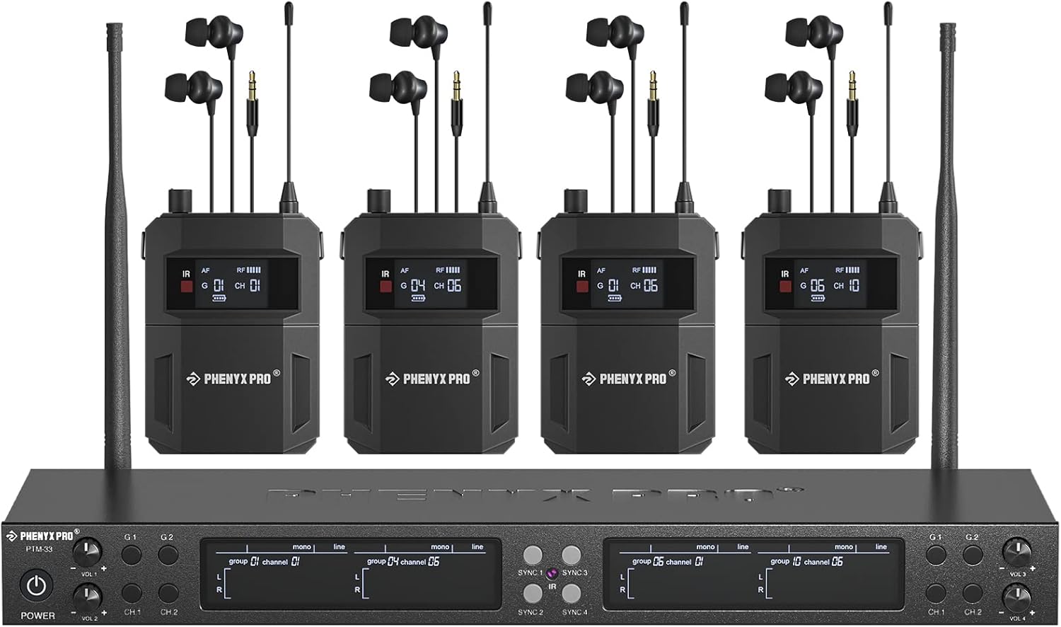 Phenyx Pro Quad-Channel Wireless in Ear Monitor System, Mono IEM System w/ 4 Bodypacks, 4x25 UHF Frequencies, Rack Mount, 164 ft Range, Wireless in Ear Monitor for Bands/Studio (PTM-33-4B)