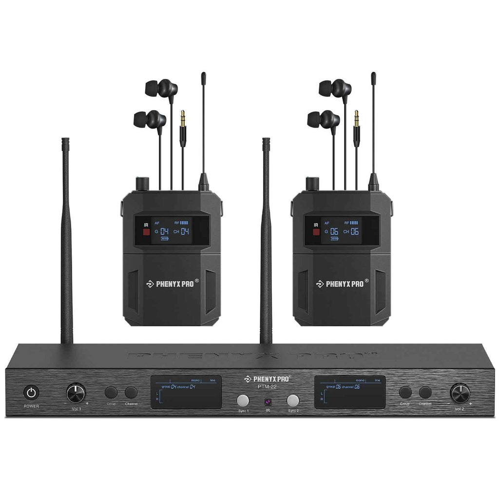 Phenyx Pro UHF Mono Dual Wireless in-Ear Monitor System, Metal Wireless IEM System, Sturdy Bodypack Receiver, 2x50 Frequencies, Separate Outputs,164ft Operation, Suitable for Band and Studio (PTM-22)