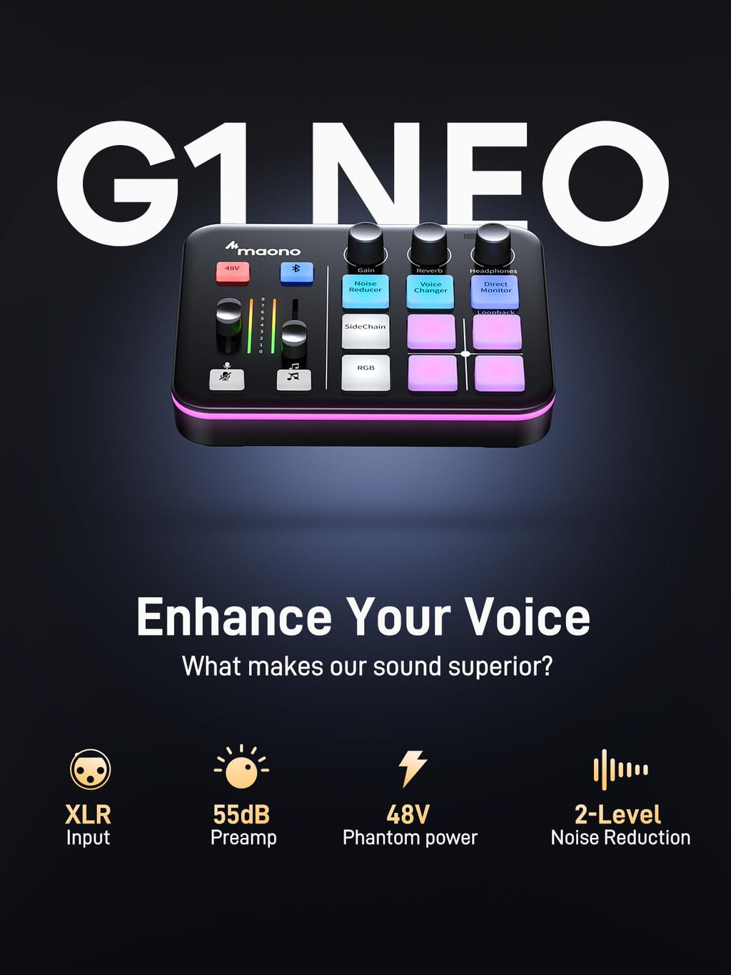 MAONO Gaming Audio Mixer, Audio Interface with Pro-preamp, RGB, Bluetooth, 48V Phantom Power for Live Streaming, Podcasting, Content Create, Gaming MaonoCaster G1 NEO (Not for USB Mic)