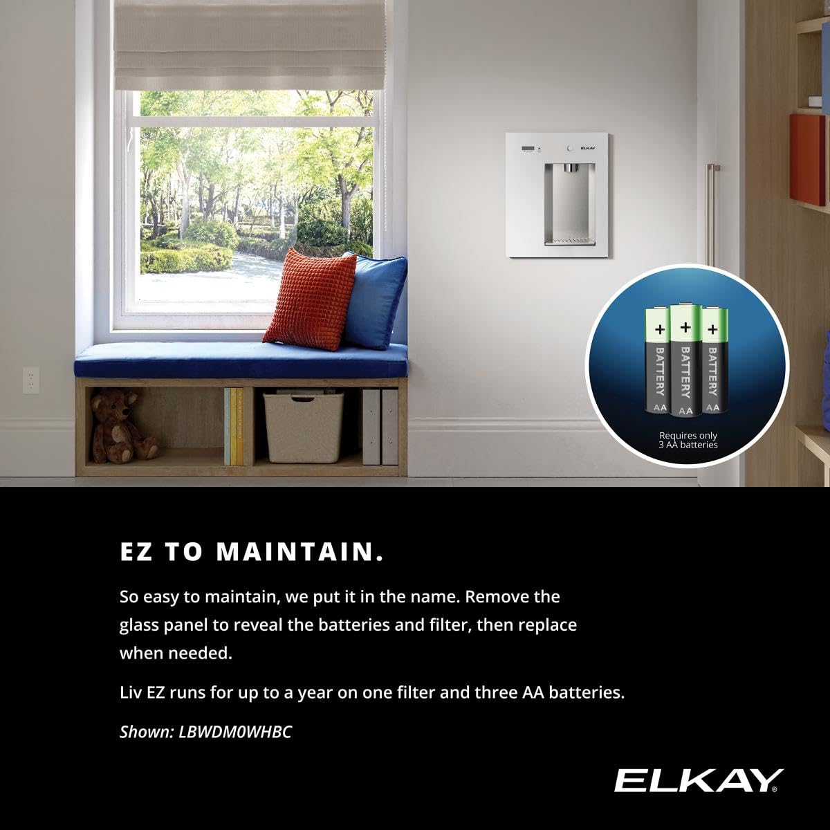 Elkay Liv EZ Built-in Filtered Wall-Mount Water Dispenser – Battery Powered, NSF Certified, Push Button, Reduces Lead & PFAS, Steel Gray – Ideal for Home