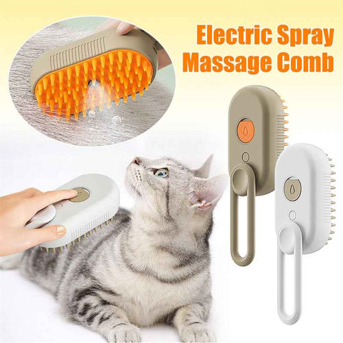 Electric spray pet grooming brush with orange bristle head and beige handle, on/off controls