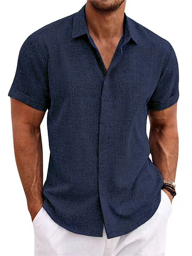 Men's navy linen short-sleeve button-front shirt, collared