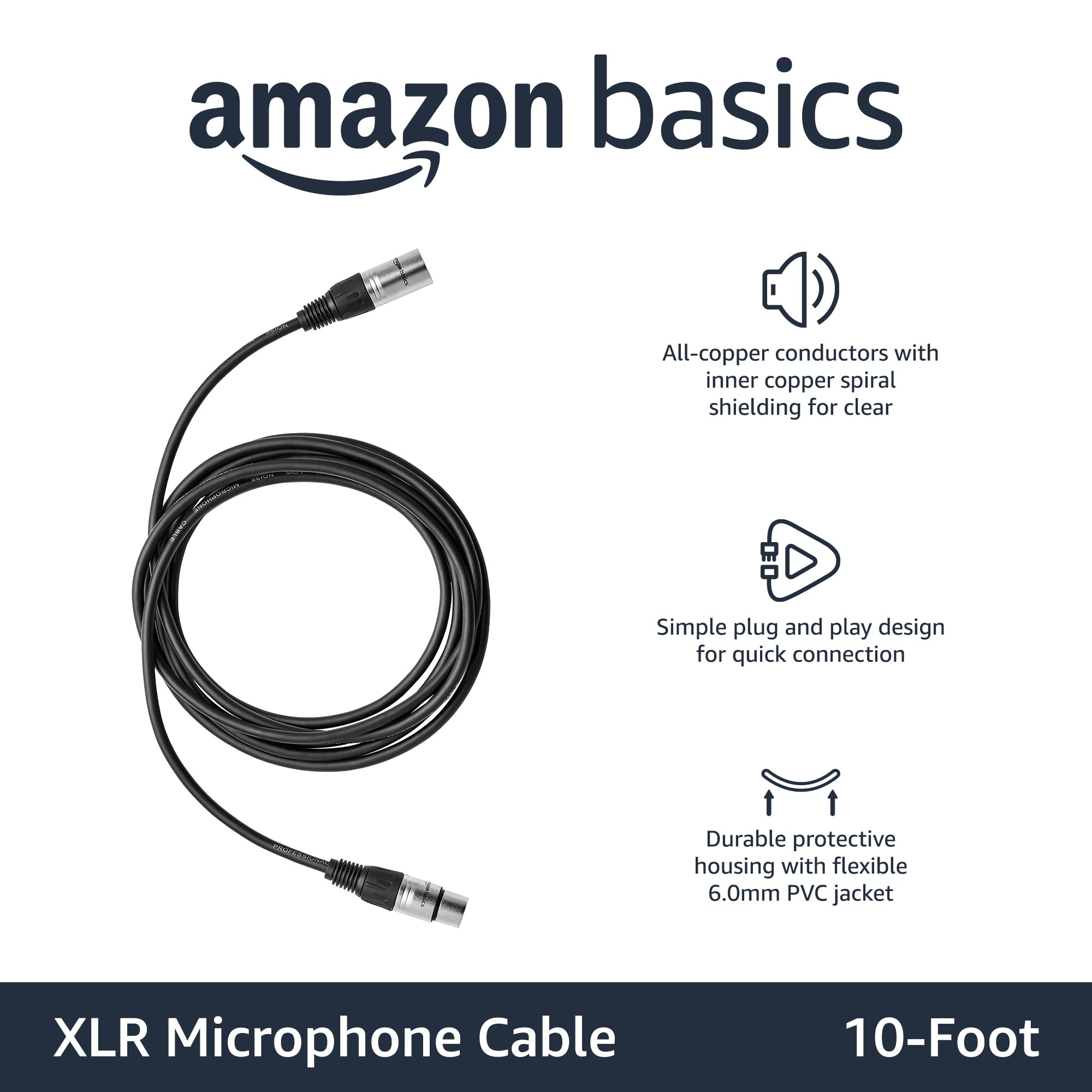 Amazon Basics XLR Male to Female Microphone Cable for Speaker or PA System, Recording Studio, All Copper Conductors, Low Noise Shielding, 6MM PVC Jacket, 6 Foot, Black