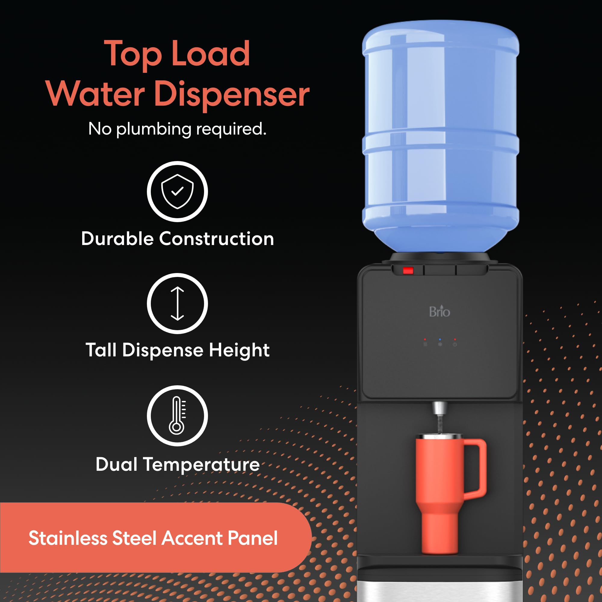Brio 130 Series Top-Load Water Cooler Dispenser for 3- and 5-Gallon Bottles, Hot & Cold, Spill-Free Loading, Child Safety Lock, Energy Star 3.0, Black