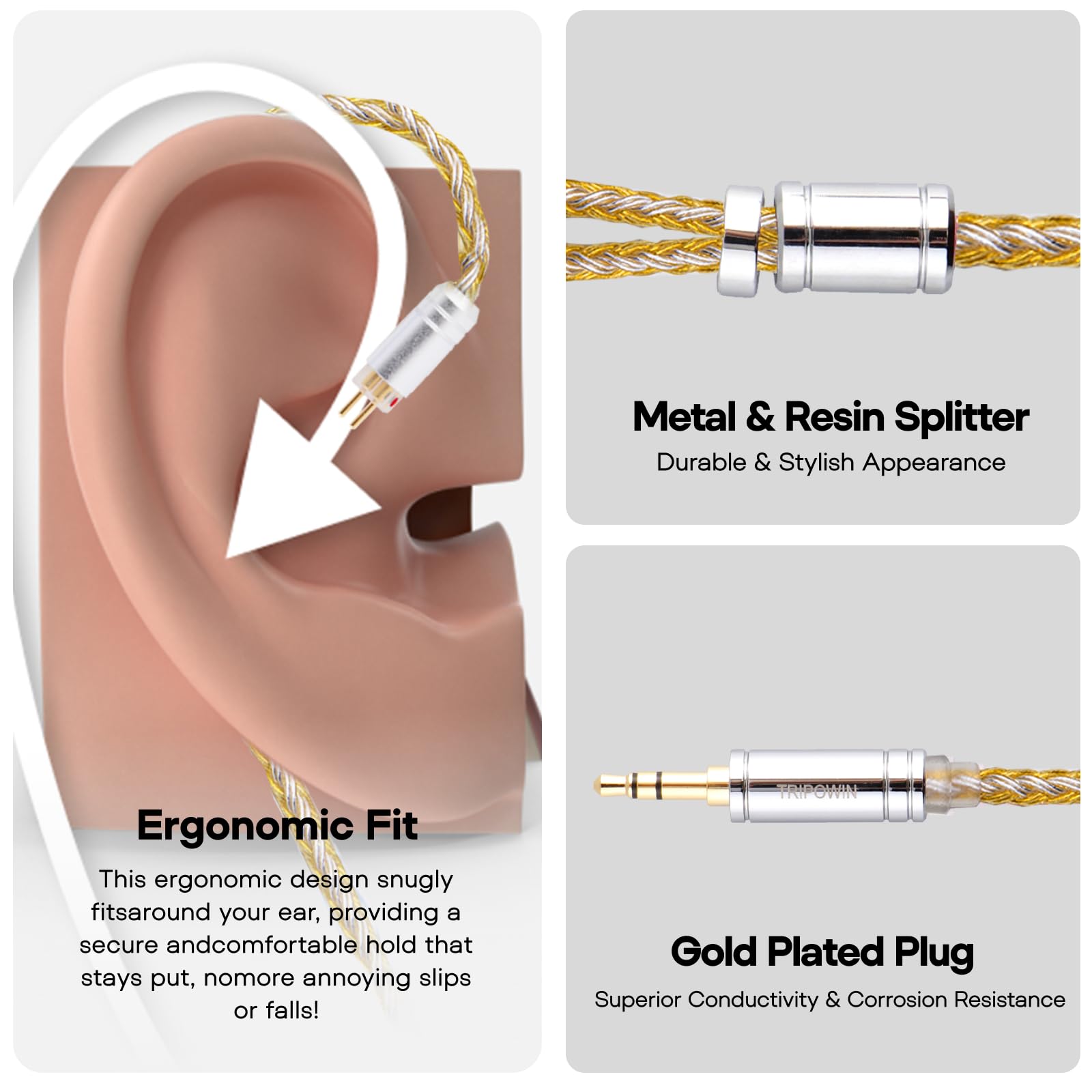 Linsoul Tripowin Zonie IEM Cable, 16 Core Silver Plated Earphone Upgraded Cords, 1.25m SPC in Ear Monitor Cable for 7hz Zero:2 Orchestra Lite Cadenza Hype4 Supermix4(2pin 0.78mm, 4.4mm)(Grey)