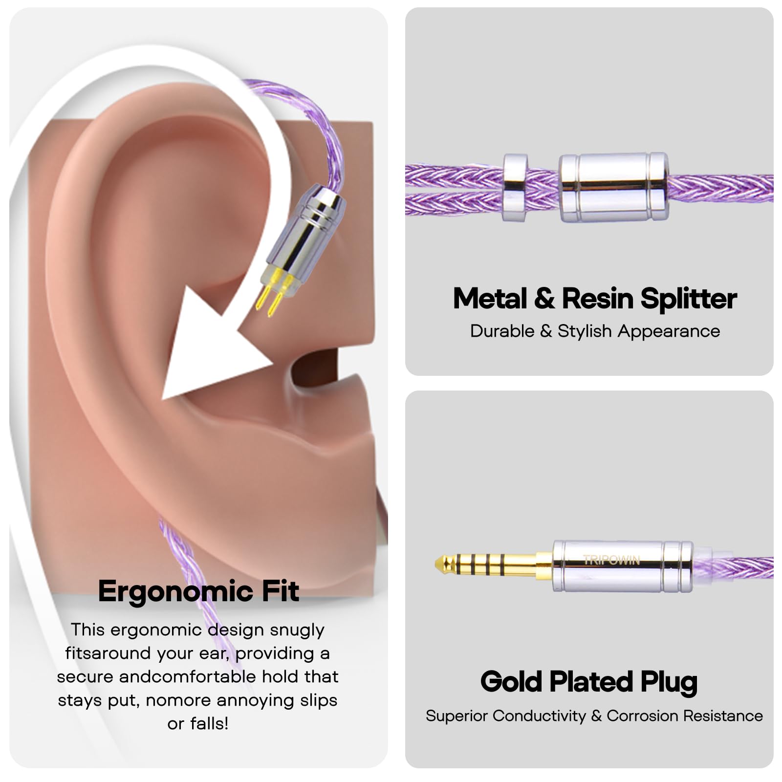 Linsoul Tripowin Zonie IEM Cable, 16 Core Silver Plated Earphone Upgraded Cords, 1.25m SPC in Ear Monitor Cable for 7hz Zero:2 Orchestra Lite Cadenza Hype4 Supermix4(2pin 0.78mm, 3.5mm)(Violet)