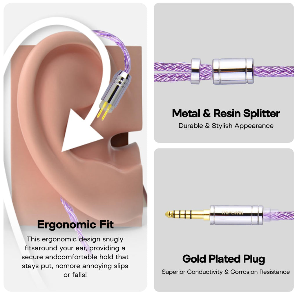 Linsoul Tripowin Zonie IEM Cable, 16 Core Silver Plated Earphone Upgraded Cords, 1.25m SPC in Ear Monitor Cable for 7hz Zero:2 Orchestra Lite Cadenza Hype4 Supermix4(2pin 0.78mm, 4.4mm)(Grey)