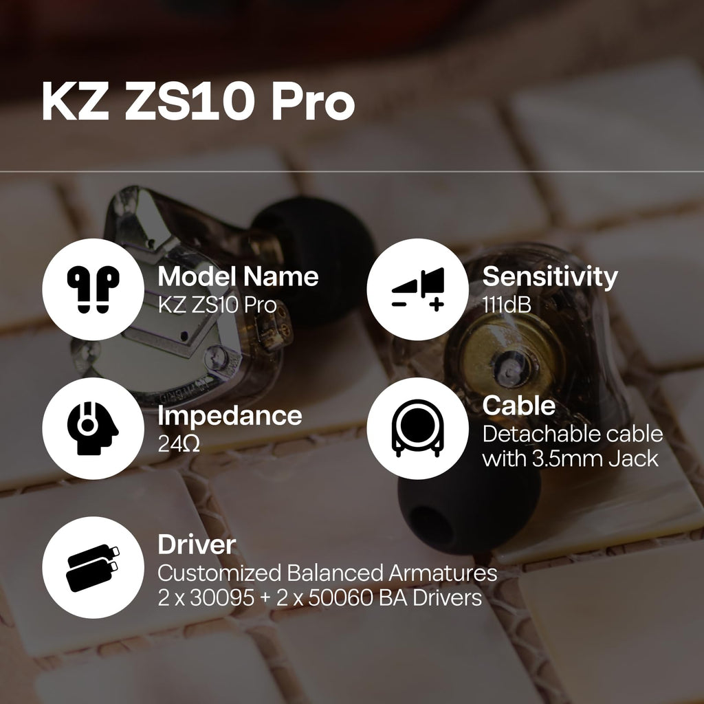 Linsoul KZ ZS10 Pro, 4BA+1DD 5 Driver in Ear Monitor, HiFi Wired Earbuds, Gaming Earbuds, Hybrid IEM Earphones with Stainless Steel Faceplate, Detachable Cable for Musician(Without Mic, Dark Black)