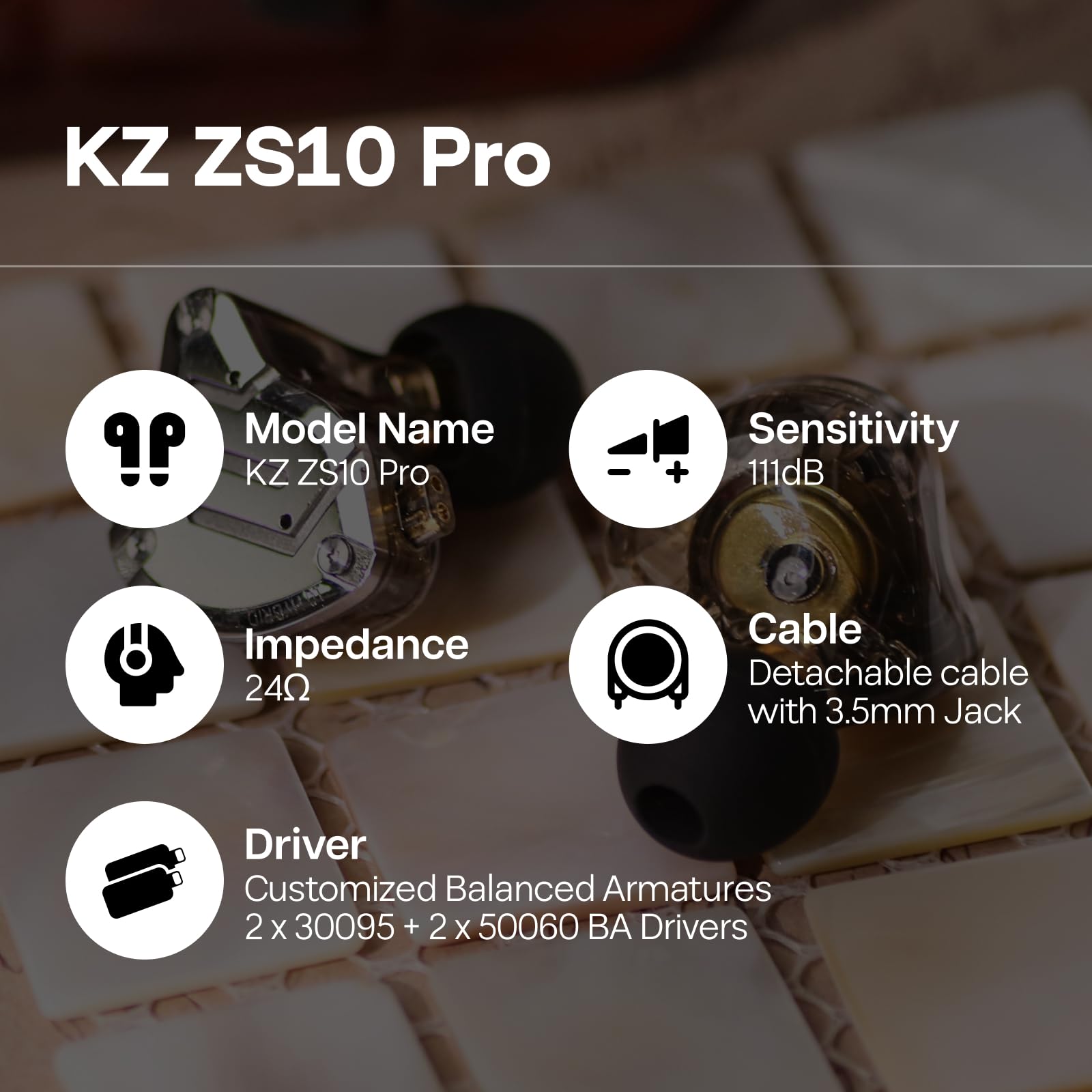 Linsoul KZ ZS10 Pro, 4BA+1DD 5 Driver in Ear Monitor, HiFi Wired Earbuds, Gaming Earbuds, Hybrid IEM Earphones with Stainless Steel Faceplate, Detachable Cable for Musician(Without Mic, Dark Black)