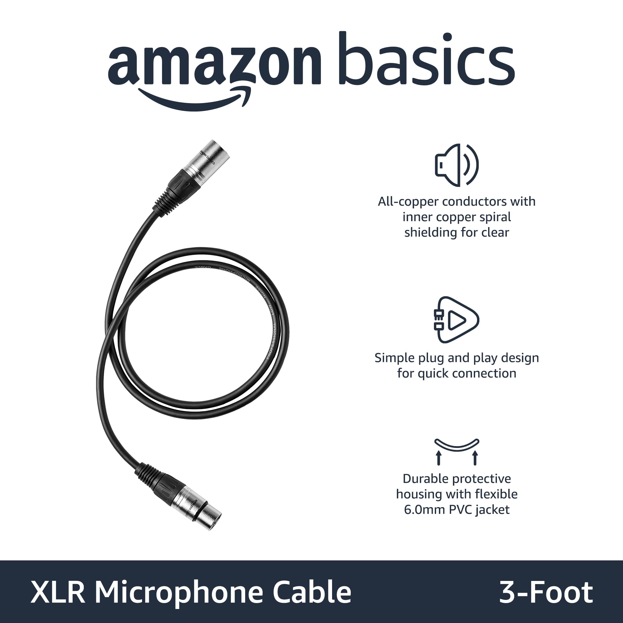 Amazon Basics XLR Male to Female Microphone Cable for Speaker or PA System, Recording Studio, All Copper Conductors, Low Noise Shielding, 6MM PVC Jacket, 6 Foot, Black