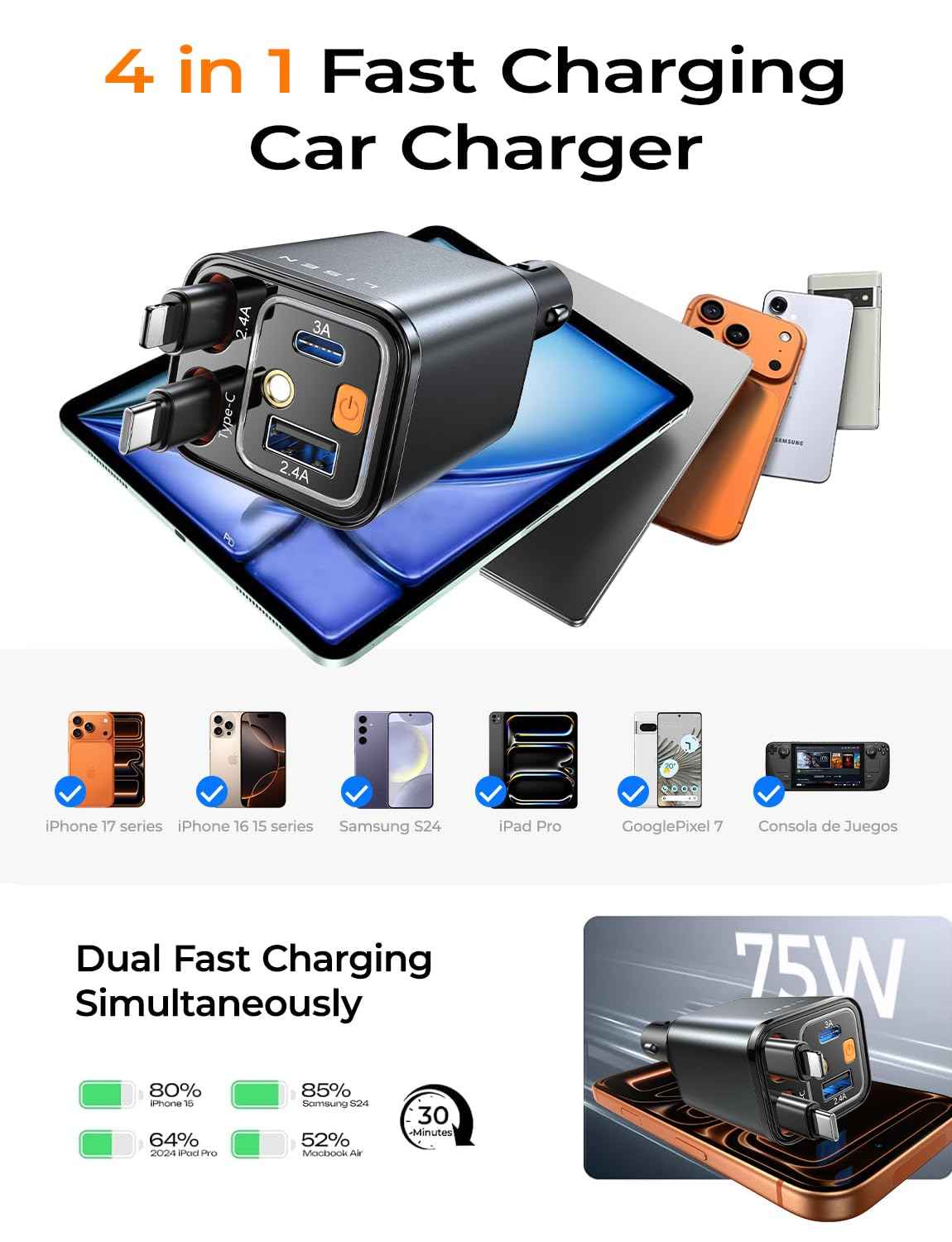 LISEN Retractable Car Charger, Gifts for Mothers Day 2026, 84W Car Charger USB C Fast Charge, Gifts for Mom Dad Him Her, Travel Essentials Car Accessories for Men Women Gifts for iPhone 17 16 15 14 13