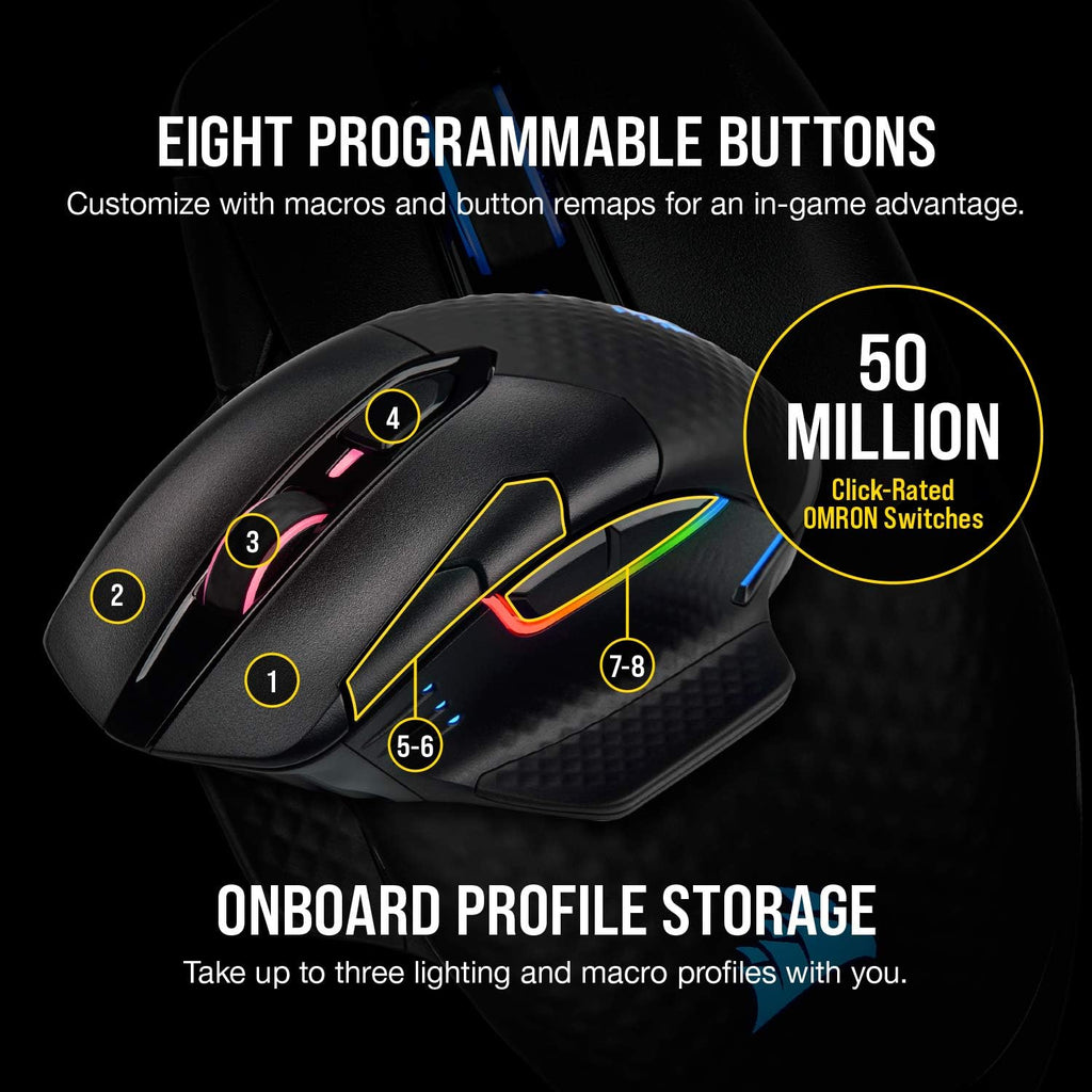 Corsair Dark CORE RGB PRO SE Wireless FPS/MOBA Gaming Mouse with Qi Charging – 18,000 DPI – 8 Programmable Buttons – Sub-1ms Wireless – iCUE Compatible – PC, Mac, PS5, PS4, Xbox – Black