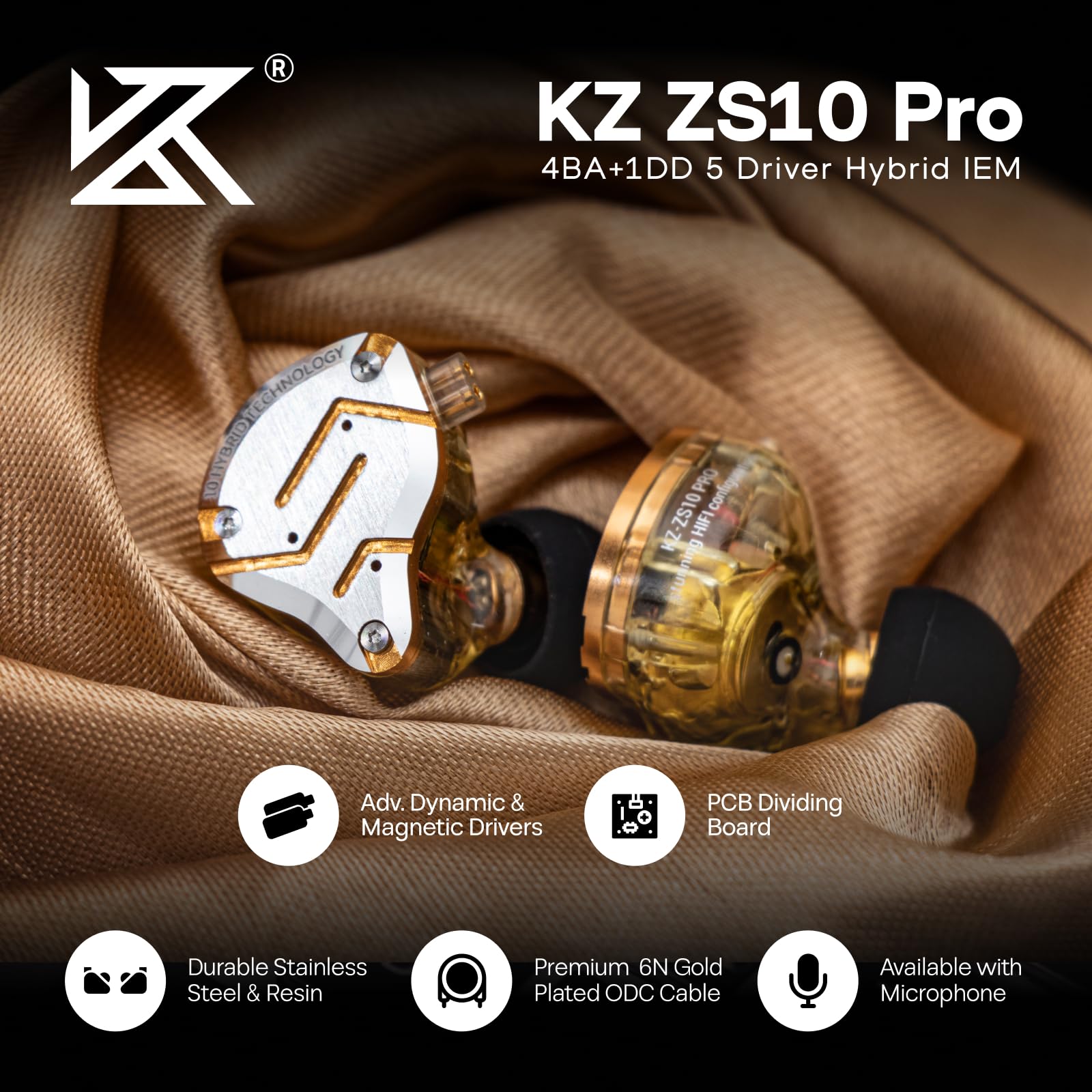 Linsoul KZ ZS10 Pro, 4BA+1DD 5 Driver in Ear Monitor, HiFi Wired Earbuds, Gaming Earbuds, Hybrid IEM Earphones with Stainless Steel Faceplate, Detachable Cable for Musician(Without Mic, Dark Black)