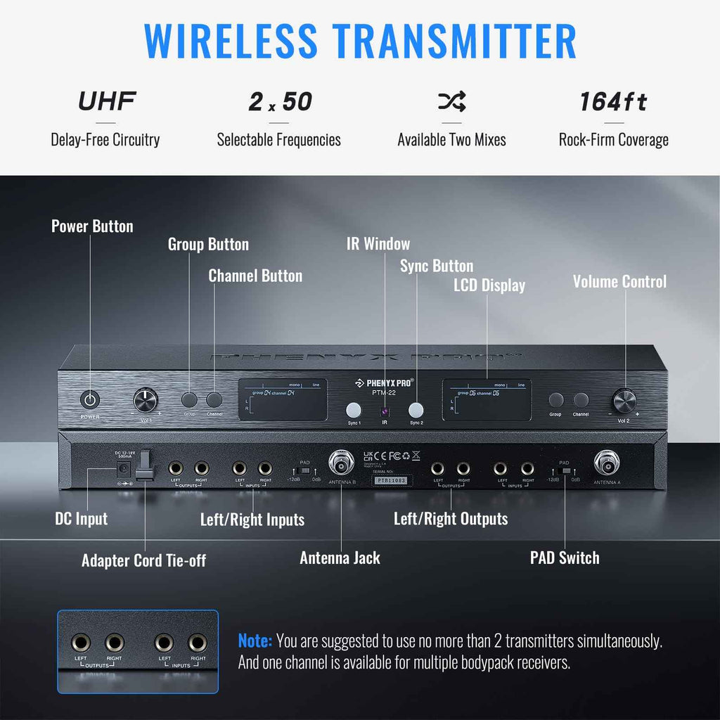 Phenyx Pro UHF Mono Dual Wireless in-Ear Monitor System, Metal Wireless IEM System, Sturdy Bodypack Receiver, 2x50 Frequencies, Separate Outputs,164ft Operation, Suitable for Band and Studio (PTM-22)