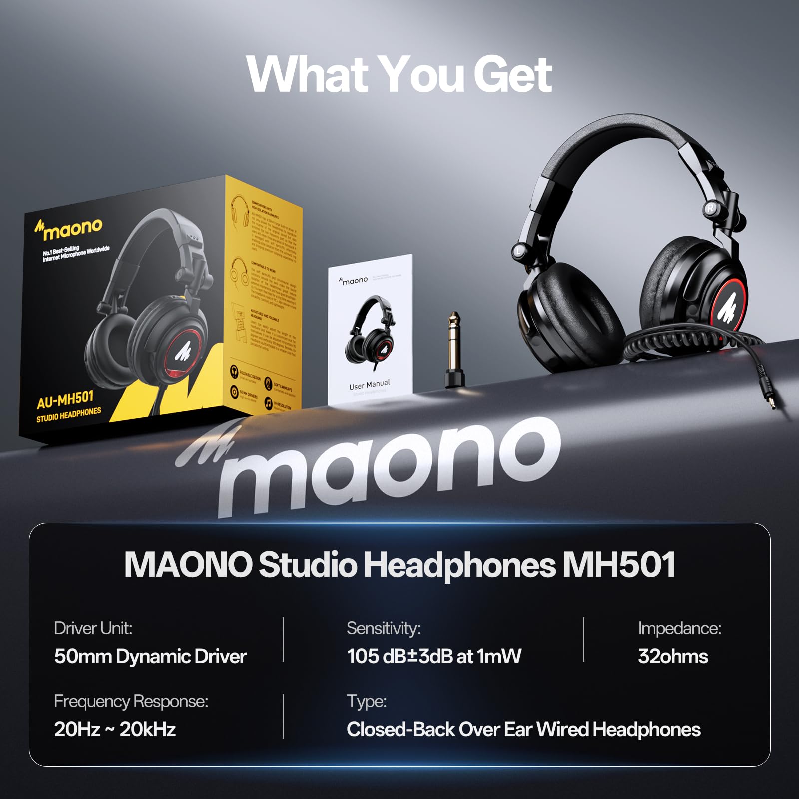 MAONO MH601 Professional Studio Monitor Headphones, Wired Closed Back Over Ear DJ Headset with 50mm Drivers and 1/4 inch to 3.5mm Jack for Guitar Amp Recording Mixing Piano Music Podcast Streaming