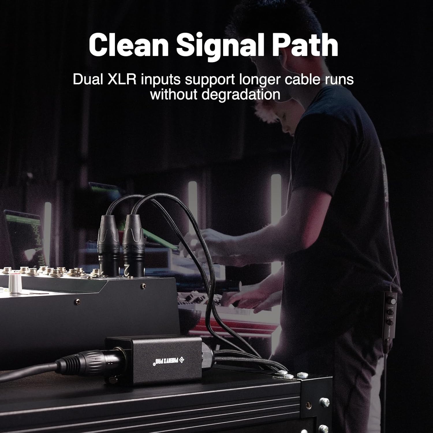Phenyx Pro in-ear monitor amplifier with dual XLR inputs and attached cables