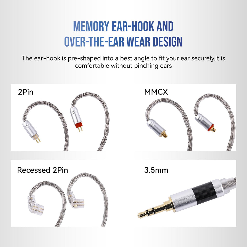 Linsoul Tripowin Zonie IEM Cable, 2m Long Earbud Cord, 16 Core Silver Plated Earphone Cable, in Ear Monitor Wire for Audiophile Musician (2Pin)