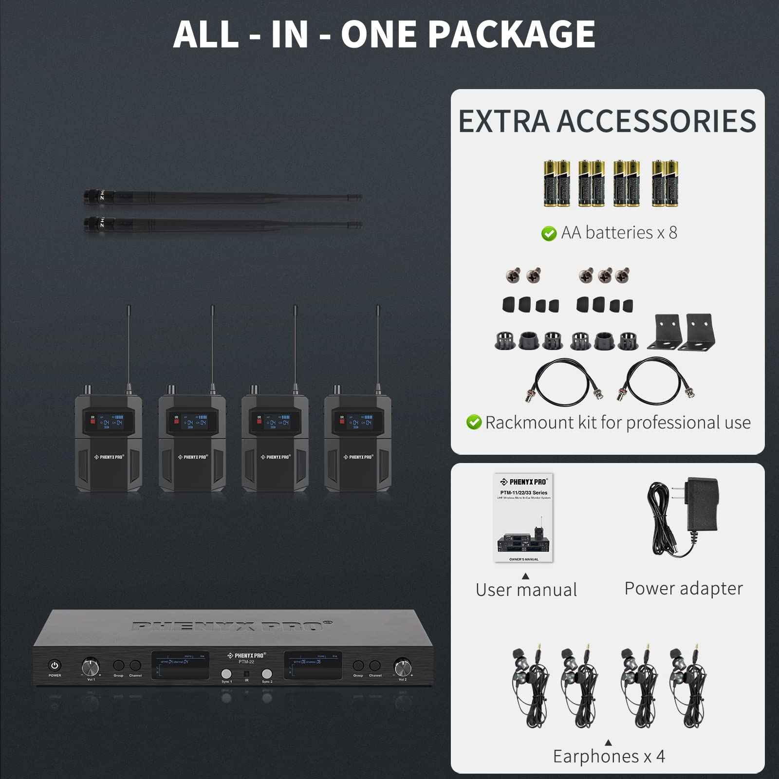 Phenyx Pro UHF Mono Dual Wireless in-Ear Monitor System, Metal Wireless IEM System, Sturdy Bodypack Receiver, 2x50 Frequencies, Separate Outputs,164ft Operation, Suitable for Band and Studio (PTM-22)