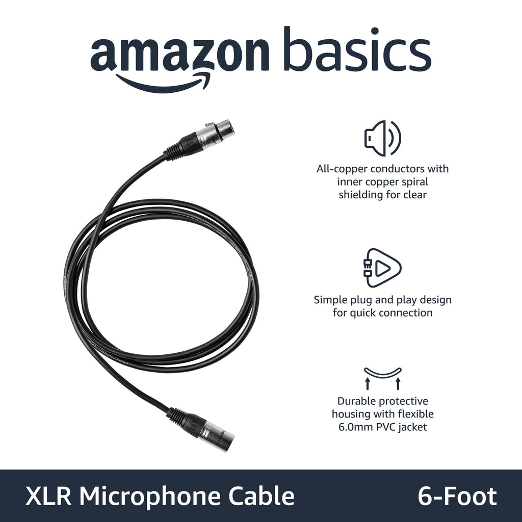 Amazon Basics XLR Male to Female Microphone Cable for Speaker or PA System, Recording Studio, All Copper Conductors, Low Noise Shielding, 6MM PVC Jacket, 6 Foot, Black