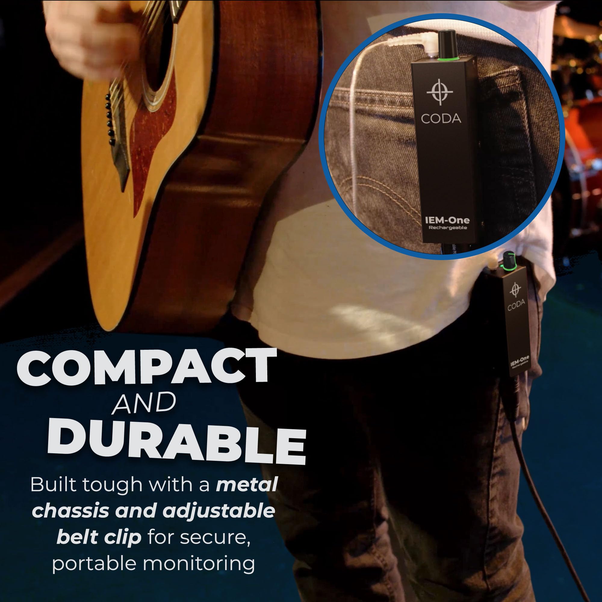 Coda Ultra-Compact Personal in Ear Monitor Amplifier - Double Channel Headphone Amplifier System with XLR & TRS Input - Portable IEM Amp with Mono & Stereo Mix Panning - Sturdy Housing with Belt Clip