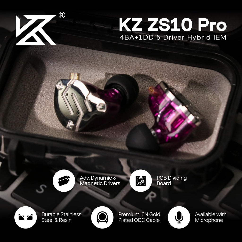Linsoul KZ ZS10 Pro, 4BA+1DD 5 Driver in Ear Monitor, HiFi Wired Earbuds, Gaming Earbuds, Hybrid IEM Earphones with Stainless Steel Faceplate, Detachable Cable for Musician(Without Mic, Dark Black)
