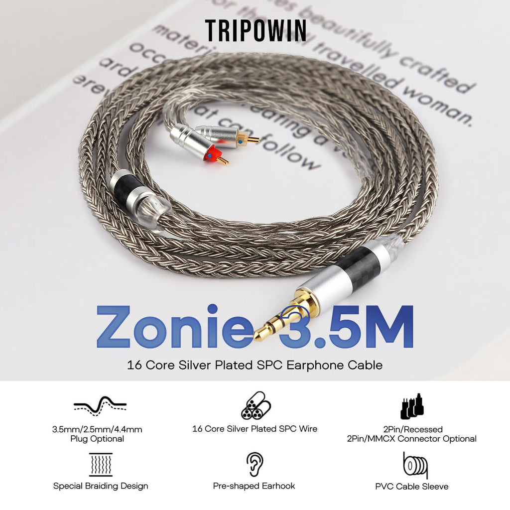 Linsoul Tripowin Zonie IEM Cable, 16 Core Silver Plated Earphone Upgraded Cords, 1.25m SPC in Ear Monitor Cable for 7hz Zero:2 Orchestra Lite Cadenza Hype4 Supermix4(2pin 0.78mm, 4.4mm)(Grey)