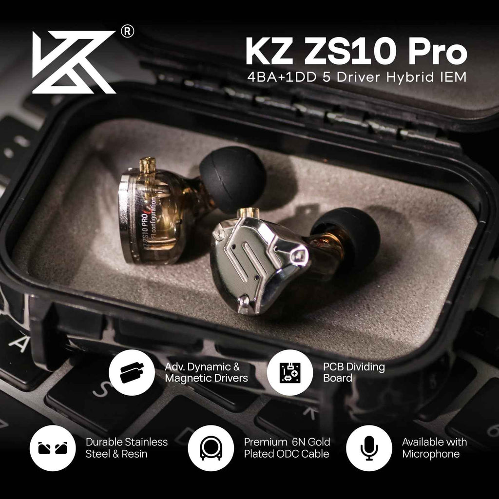 Linsoul KZ ZS10 Pro, 4BA+1DD 5 Driver in Ear Monitor, HiFi Wired Earbuds, Gaming Earbuds, Hybrid IEM Earphones with Stainless Steel Faceplate, Detachable Cable for Musician(Without Mic, Dark Black)