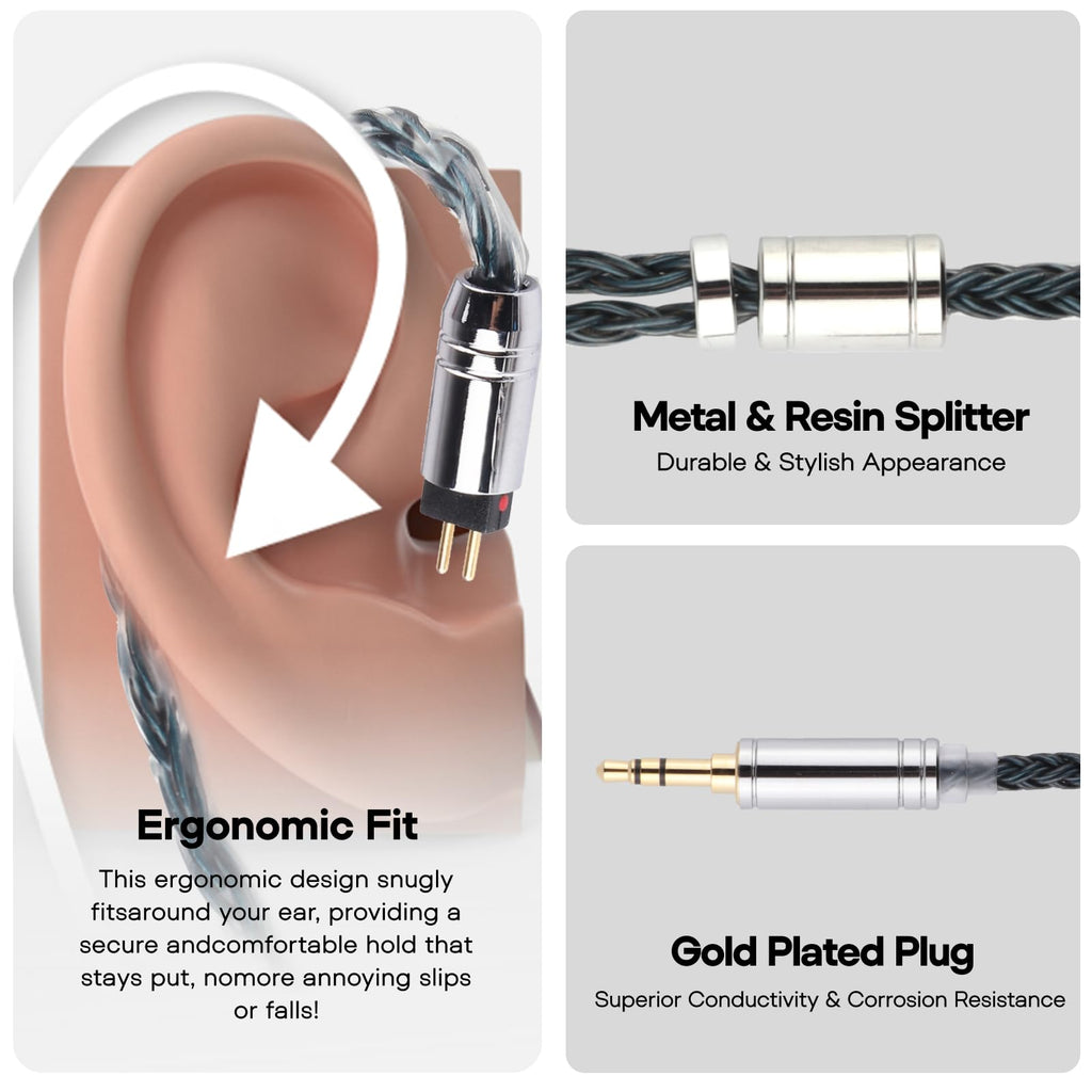 Linsoul Tripowin Zonie IEM Cable, 16 Core Silver Plated Earphone Upgraded Cords, 1.25m SPC in Ear Monitor Cable for 7hz Zero:2 Orchestra Lite Cadenza Hype4 Supermix4(2pin 0.78mm, 4.4mm)(Grey)