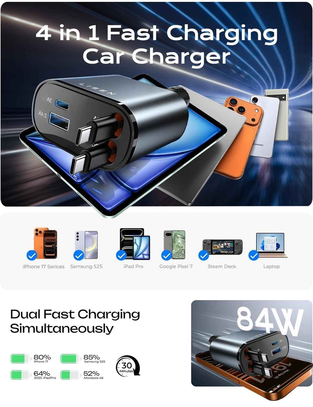 LISEN Retractable Car Charger, Gifts for Mothers Day 2026, 84W Car Charger USB C Fast Charge, Gifts for Mom Dad Him Her, Travel Essentials Car Accessories for Men Women Gifts for iPhone 17 16 15 14 13