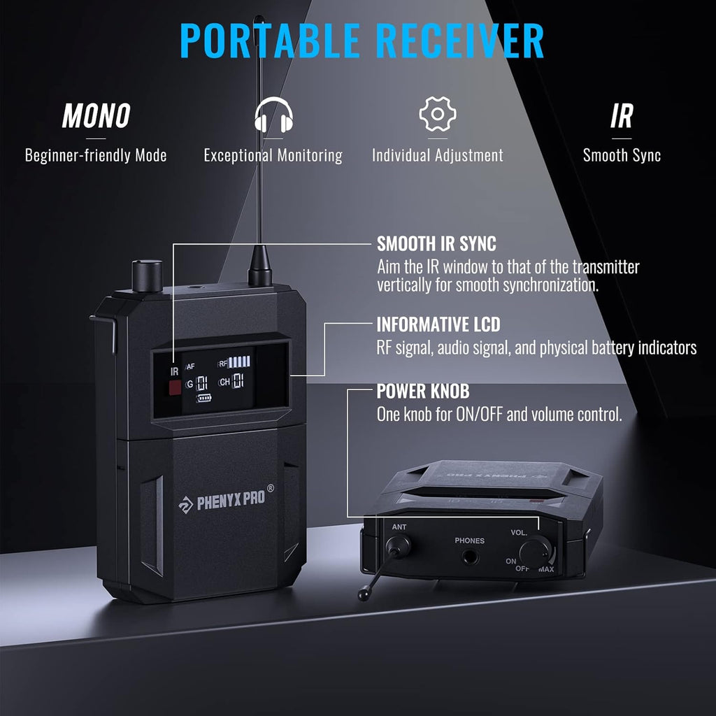Phenyx Pro Quad-Channel Wireless in Ear Monitor System, Mono IEM System w/ 4 Bodypacks, 4x25 UHF Frequencies, Rack Mount, 164 ft Range, Wireless in Ear Monitor for Bands/Studio (PTM-33-4B)