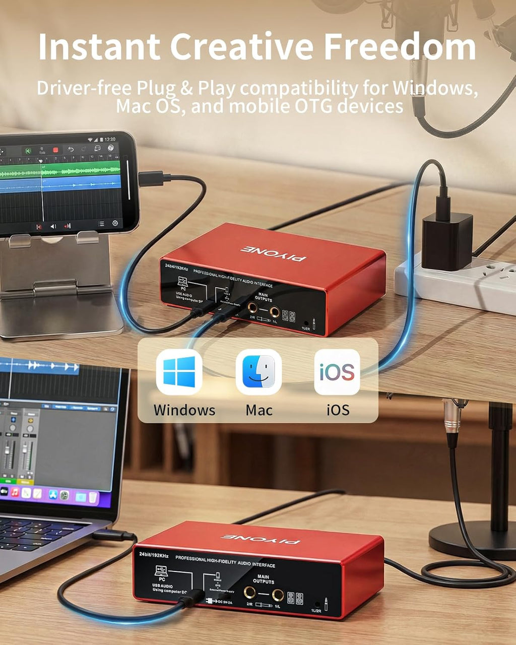 Audio Interface, 2X2 24-bit/192kHz Interface for High-Fidelity, Studio Quality PC/Mac/iOS Recording, XLR/TRS Combo Input, Monitor Mix/Loopback Function, One-Cable Setup(Alloy Red)