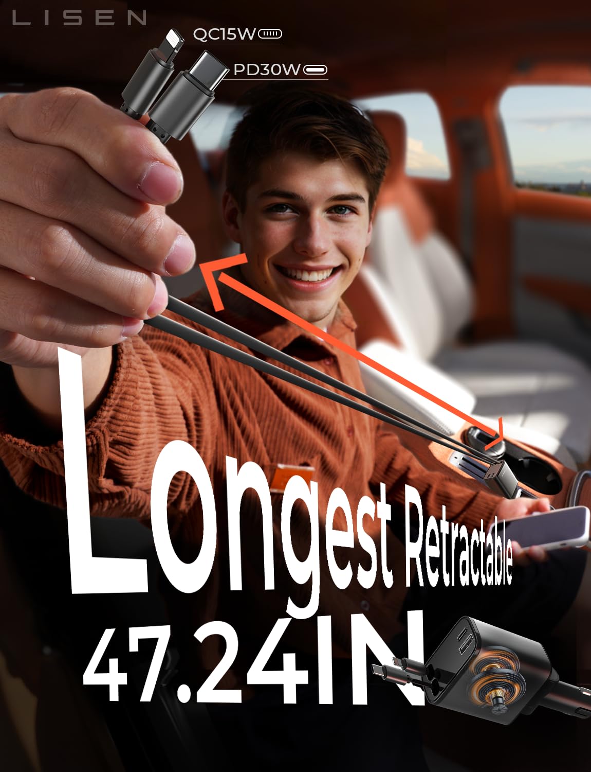 LISEN Retractable Car Charger, Gifts for Mothers Day 2026, 84W Car Charger USB C Fast Charge, Gifts for Mom Dad Him Her, Travel Essentials Car Accessories for Men Women Gifts for iPhone 17 16 15 14 13