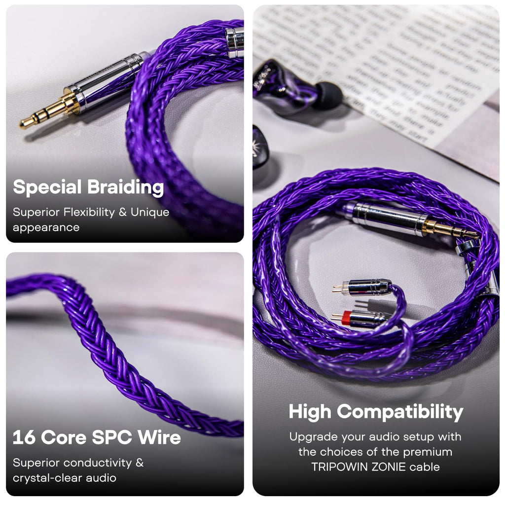 Linsoul Tripowin Zonie IEM Cable, 16 Core Silver Plated Earphone Upgraded Cords, 1.25m SPC in Ear Monitor Cable for 7hz Zero:2 Orchestra Lite Cadenza Hype4 Supermix4(2pin 0.78mm, 4.4mm)(Grey)