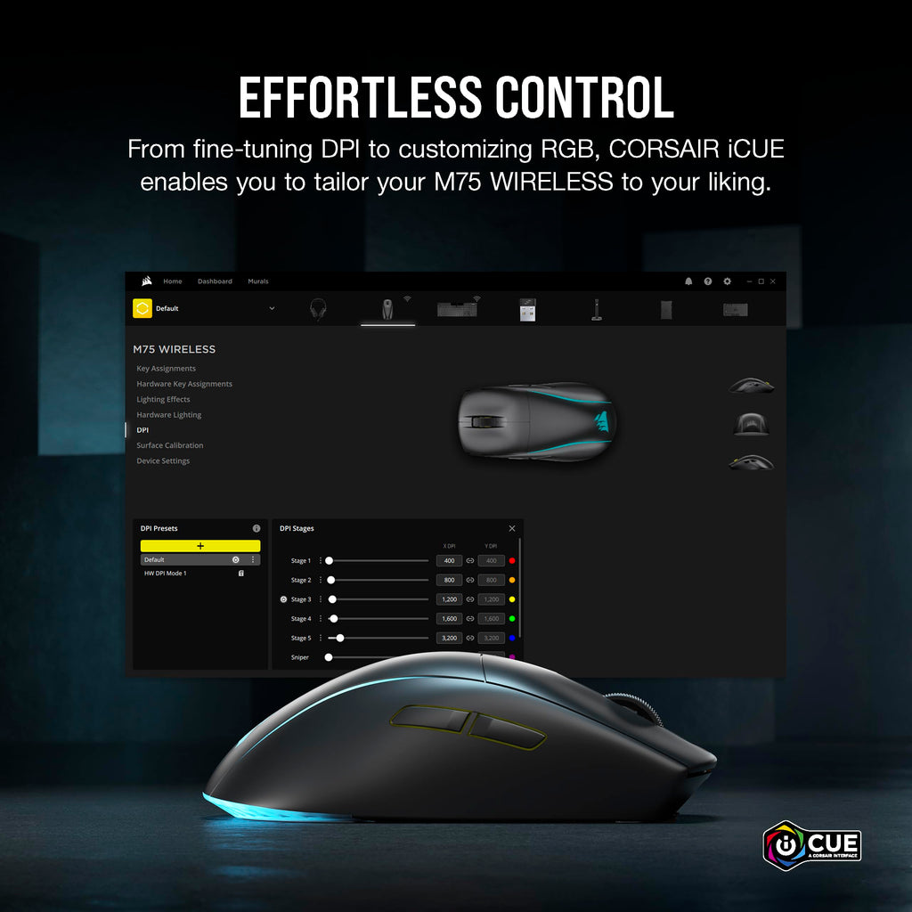 Corsair M75 Wireless Gaming Mouse - 26,000 DPI, Lightweight FPS Design, Swappable Side Buttons, iCUE Compatible, Black