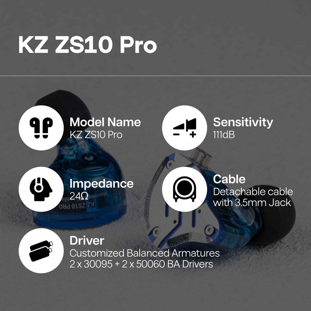 Linsoul KZ ZS10 Pro, 4BA+1DD 5 Driver in Ear Monitor, HiFi Wired Earbuds, Gaming Earbuds, Hybrid IEM Earphones with Stainless Steel Faceplate, Detachable Cable for Musician(Without Mic, Dark Black)