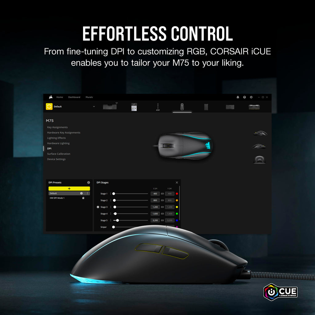 Corsair M75 Wireless Gaming Mouse - 26,000 DPI, Lightweight FPS Design, Swappable Side Buttons, iCUE Compatible, Black