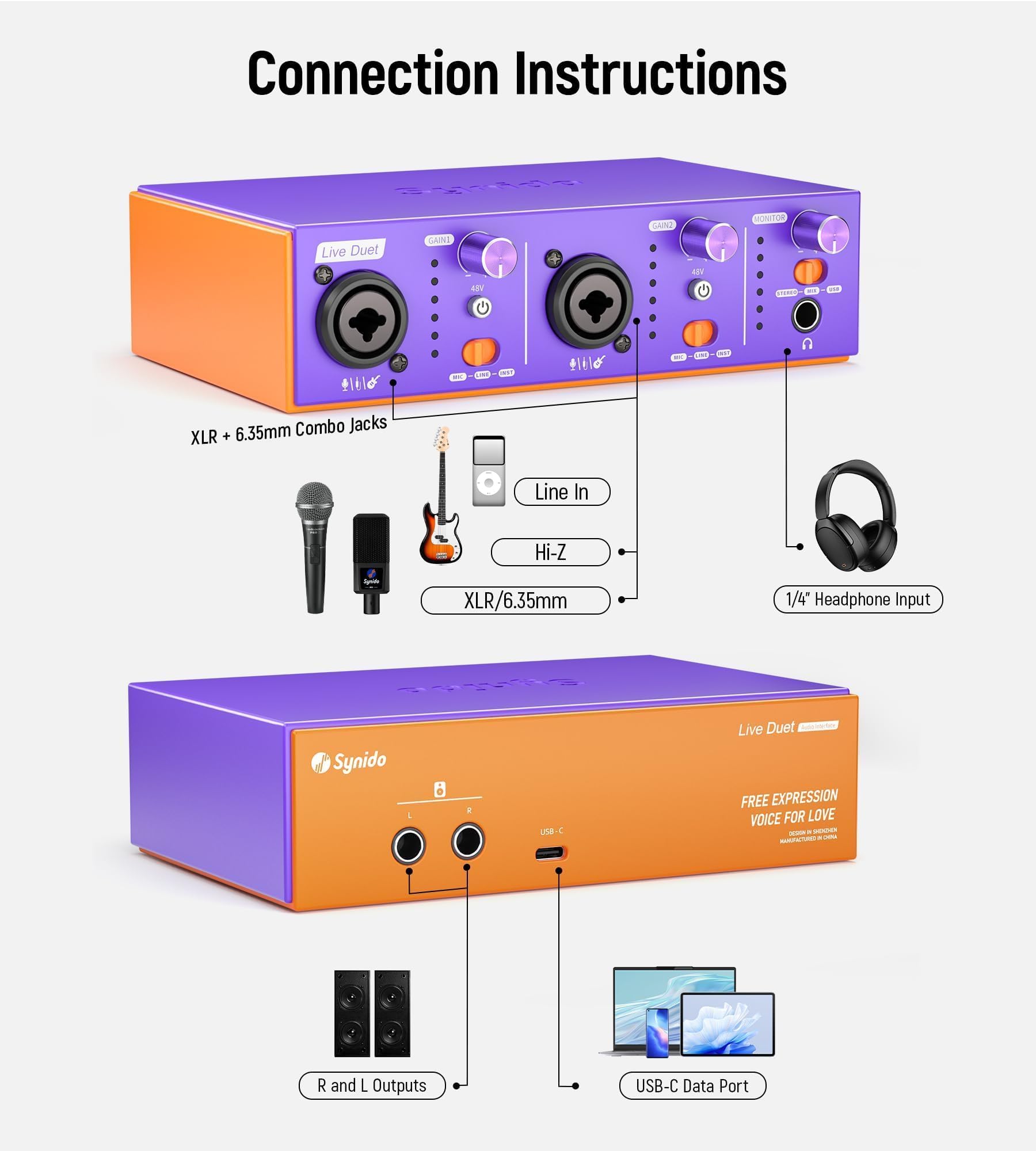Synido USB C Audio Interface for Recording Music, Streaming, Podcasting with XLR, Line Input, 24bit/48kHz, 48V Phantom Power, 2-channel, Silver
